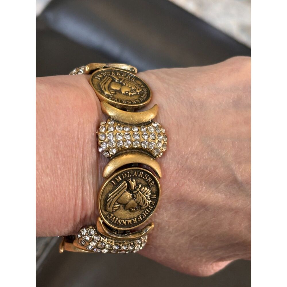 VTG Ancient Roman Emperor Gold-Tone & Rhinestones Faux Coin Panel Link Bracelet